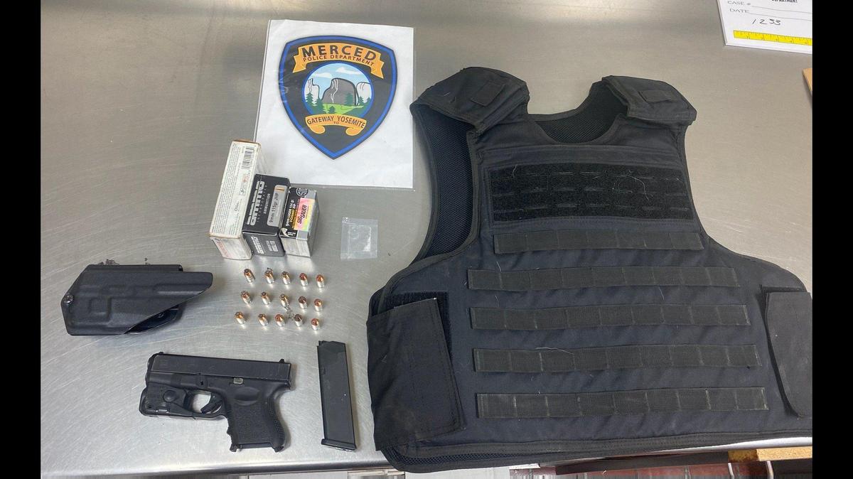 Officers made multiple arrests and recovered a loaded gun and bulletproof vest during a DUI/driver’s license checkpoint Sunday, according to the Merced Police Department. Image courtesy of Merced Police Department.
