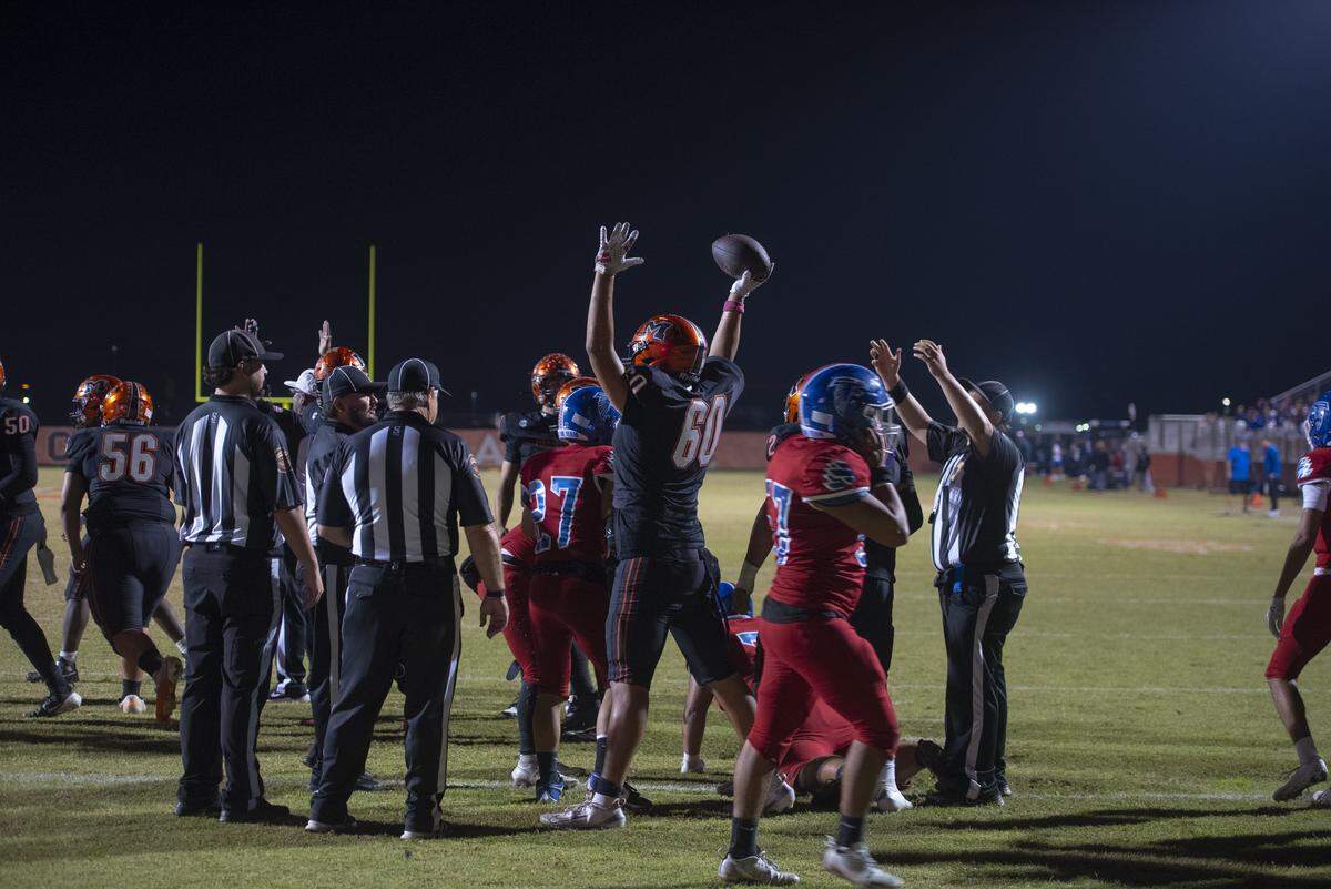 Merced High players celebrate after a first-half touchdown against Atwater during their Central California Conference game on Friday, Oct. 24, 2025.