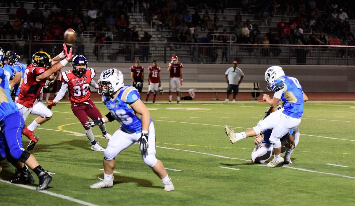 Former Stone Ridge Christian kicker Jordan Hooker boots a 50-yard field goal in the third quarter of the 34th annual North/South Rotary Bob Green Football Classic on Saturday, June 22, 2019 at Veterans Stadium.