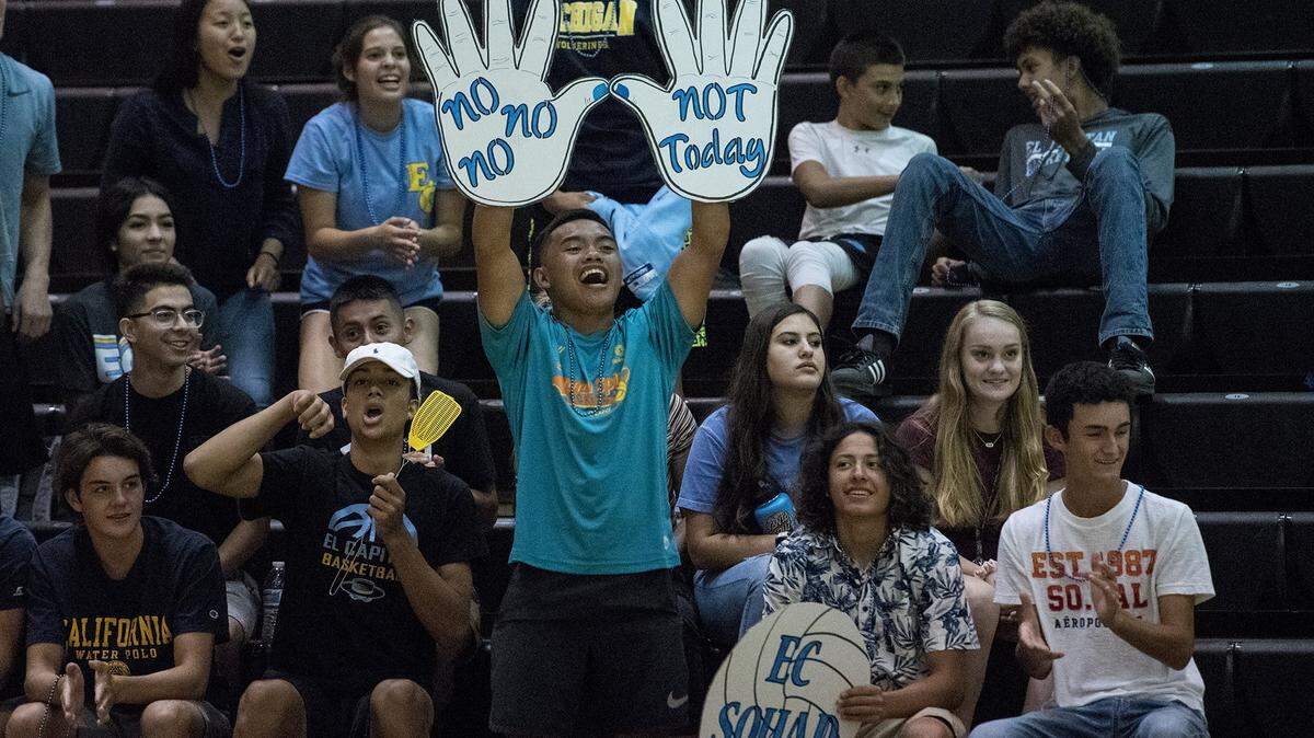 The El Capitan student section cheers following a Gauchos point during a match against Merced at El Capitan High School in Merced, Calif., on Wednesday, Sept. 12, 2018. The Gauchos beat the Bears 3-0.