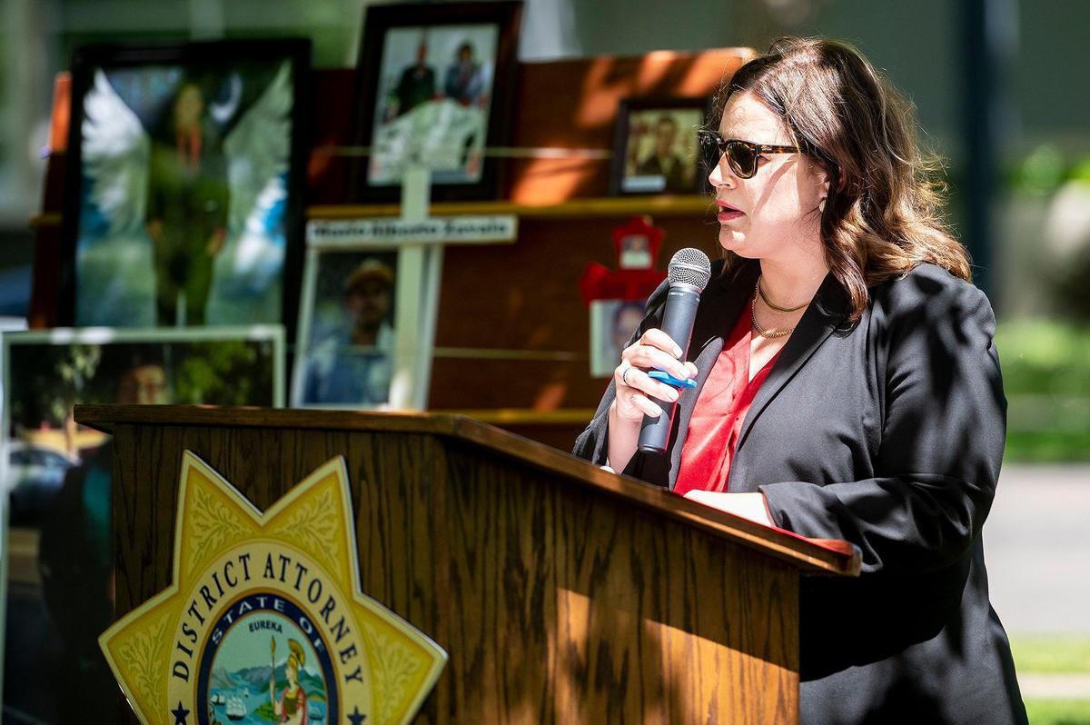 Merced County District Attorney Nicole Silveira speaks during the Merced County Victims’ Rights Ceremony at Courthouse Park in Merced, Calif., on Tuesday, April 25, 2023. The annual event held to remember victims of violence and crime, is hosted by the Merced County District Attorney’s Office during National Crime Victims’ Rights Week.