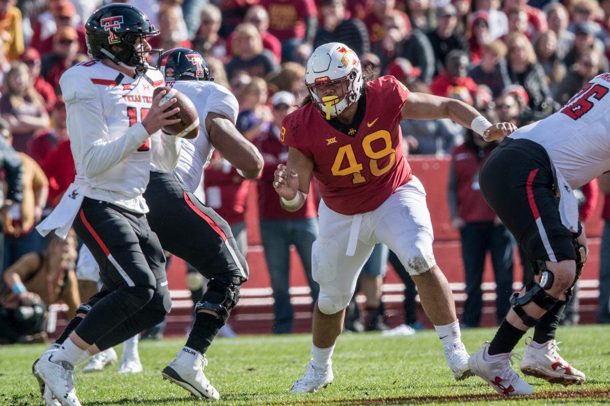 Former Merced College All-American Kamilo Tongamoa, shown here playing for Iowa State against Texas Tech in 2018, was recenlty selected by the New Orleans Breakers in the USFL draft.