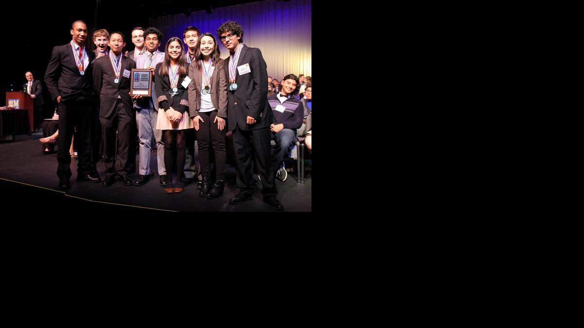 Merced High School’s team, from left, Ramon Collins, John Richey, John Miao, Austin Brass, Aditya Kumarasamy, Alexa Lua, Jorge Arteaga, Angelica Soza and Nijaid Arredondo took top honors at the 2015 Merced County Academic Decathlon.