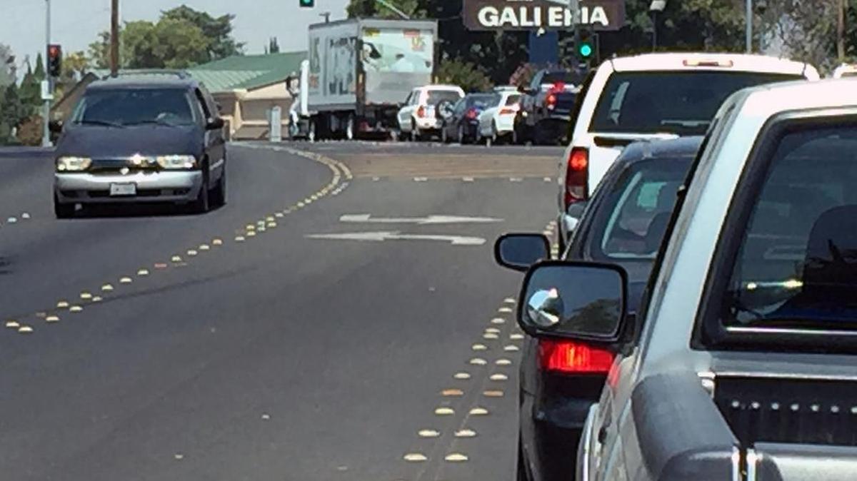 
Drivers idle in traffic on G street in Merced on Monday afternoon. On Wednesday, air officials will discuss the potential of calling an Air Alert over the next few weeks if quality begins to deteriorate.
