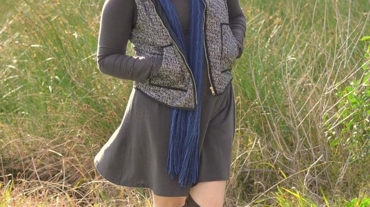 This knit long-sleeve dress from Express is stretchy and soft. It’s paired with a black vest from a Turlock store called 116 Bijou. A pair of brown boots from Christina’s Boutiques in the Bear Creek Galleria finishes off the whole outfit.