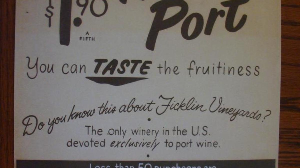 A poster of an old ad for Ficklin port. The posters can be purchased in the tasting room at Ficklin.