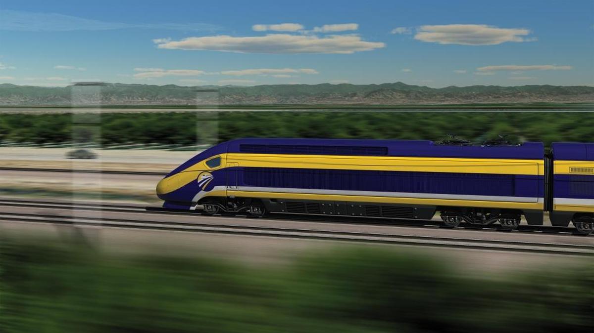 An artist's rendering depicts a high-speed train speeding through the southern San Joaquin Valley.,