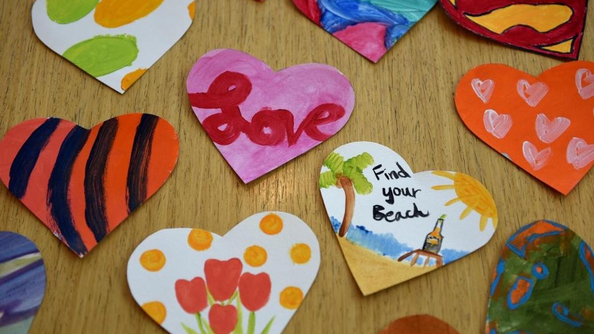 Hearts painted during January’s Art Hop will be distributed to patients at Mercy Medical Center on Sunday as a small Valentine’s Day gesture.