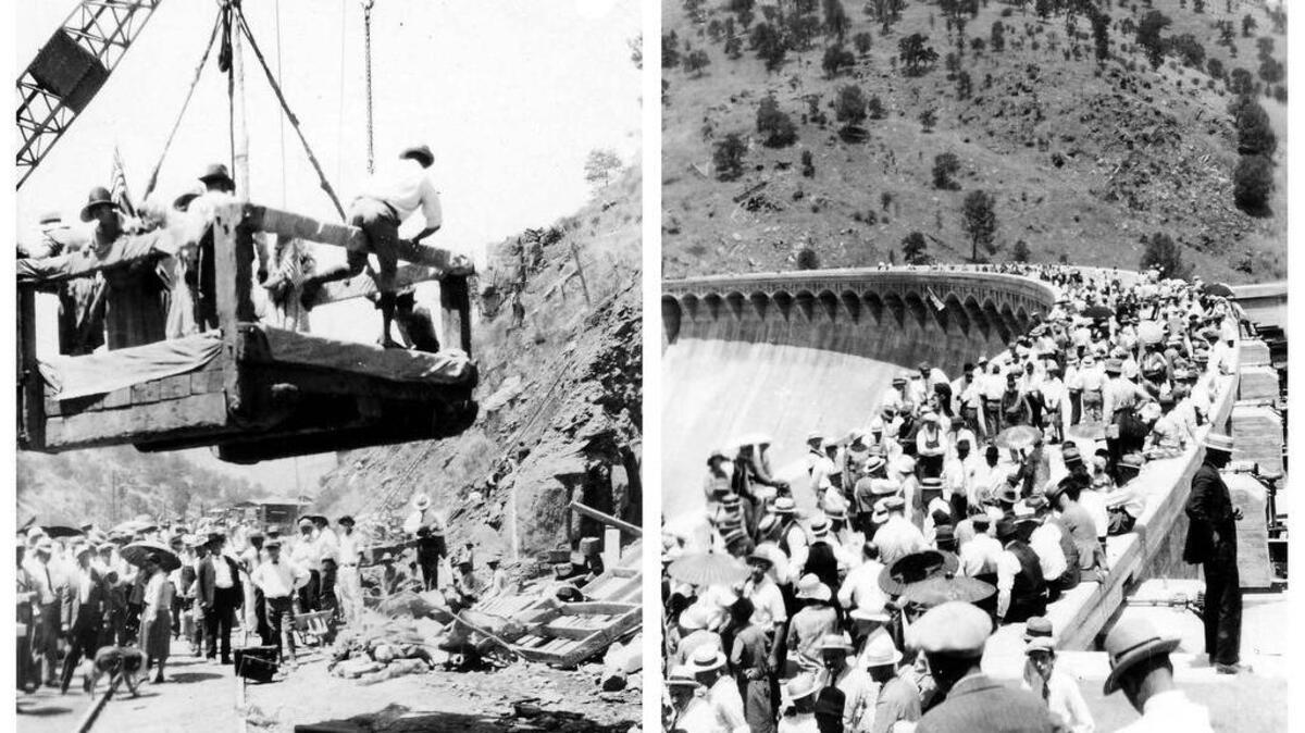 Exchequer Dam Dedication Ceremony, June 23, 1926: (left) spectators on the bottom of the dam by the Merced River observing the lighting of the powerhouse; (right) spectators on the top of the dam looking down. About 1,000 people from Merced and around the State attended the event. (Courthouse Museum Collection)