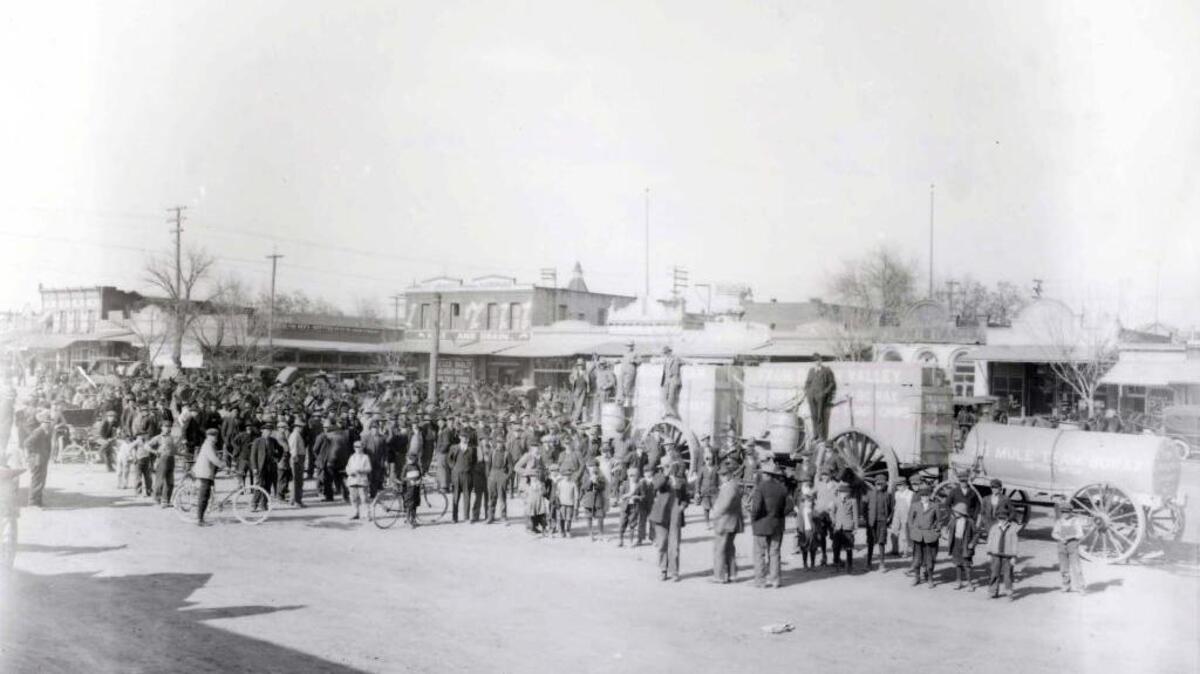 A huge crowd of Merced residents gathered on 16th Street near Canal Street to witness the exhibition of the famous Borax 20-Mule Team on Feb. 3, 1917.
