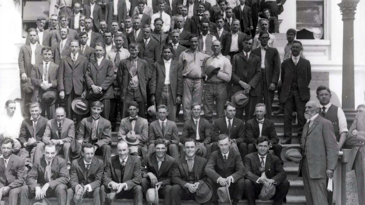 The first Merced County men to leave for World War I pose on the courthouse steps in 1917. The year also proved to be an auspicious one for Merced County farmers, with the formation of the Farm Bureau.