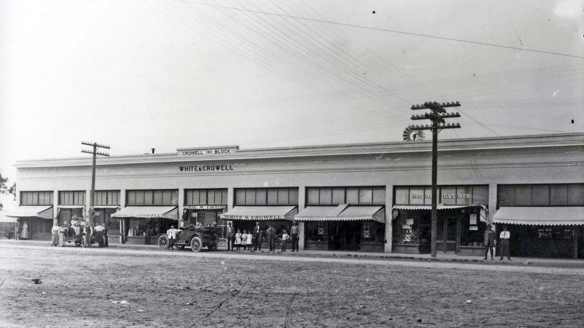 Merced and Turlock Road ran directly in front of the Crowell Block in Livingston as seen in this photo from the 1910s. Historically, Livingston served as the crossroads in Merced County as several roads led to the area including this Merced and Turlock Road.