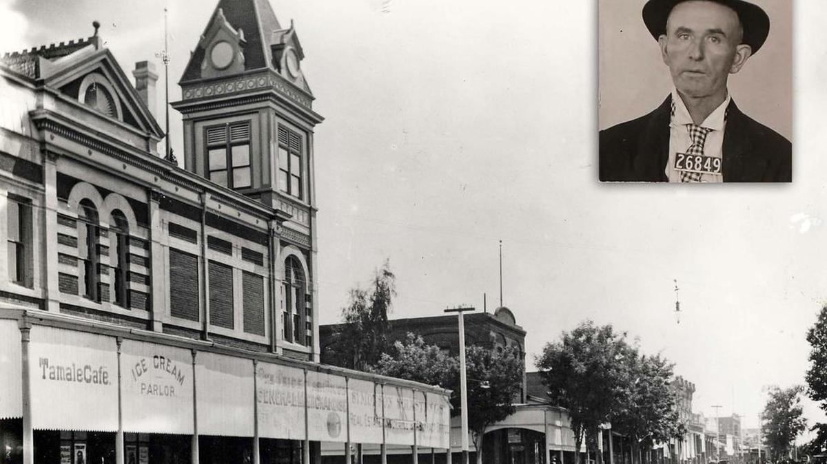 Looking East on Front Street (16th Street), circa 1910. The two-story building behind the trees on Front Street indicated by the narrow marks the location where Jim Collins (pictured here) shot and killed his wife in 1913. (Courthouse Museum Collection)