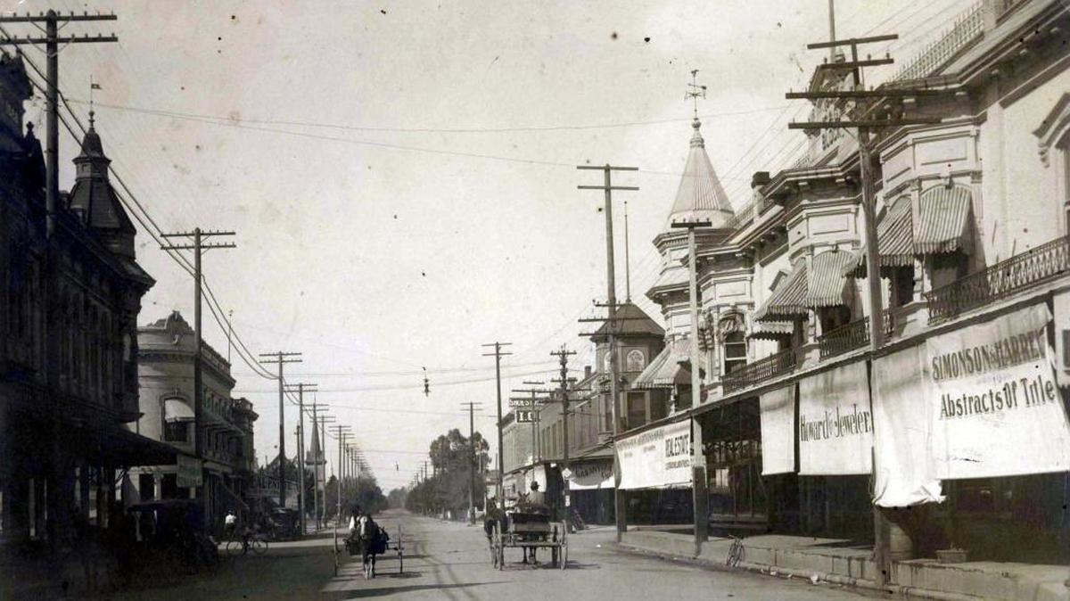 This is Canal Street near 16th Street looking north, circa 1910, when William J. Creque lived in Merced. In his poem titled “Evening in Beautiful Merced,” Creque writes about passing Cumberland Church on Canal Street, visible on the left in the background.