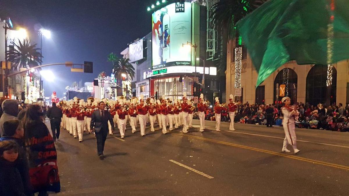 Golden Valley High School Cardinal Regime at 86th Annual Hollywood Christmas Parade, Los Angeles, November 26, 2017. The Cardinal Regime Marching Band and Color Guard is under the director of Michael Vasquez. (Courthouse Museum Collection)