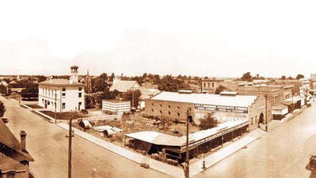 This panoramic photo of Downtown Merced was taken by Edmund Franklin Martin in 1910. A 4-foot-long canvas reprint of the photo will be auctioned off at the Merced County Historical Society’s 29th Annual Bill Kirby Western Barbeque and Auction on Sept. 10. (Courthouse Museum Collection)