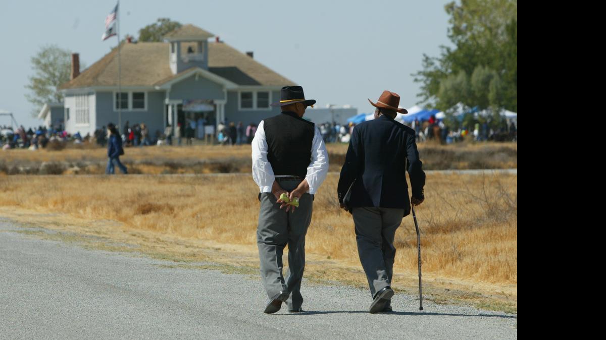 
Allensworth State Park, shown above in 2008, has nine re-created buildings, including the school in the background. An African American settlement was founded there in 1908.

