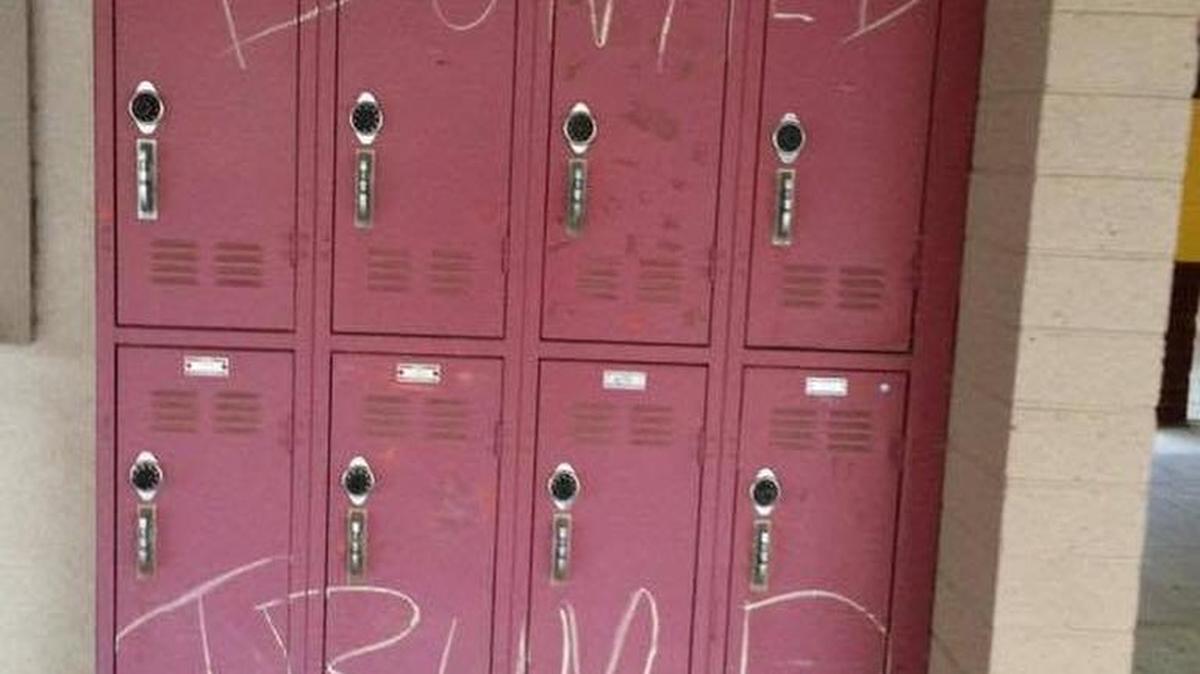 Graffiti discovered Thursday at Los Banos High School included the name of presidential candidate Donald Trump. School officials say a camera recorded two vandals wearing masks.