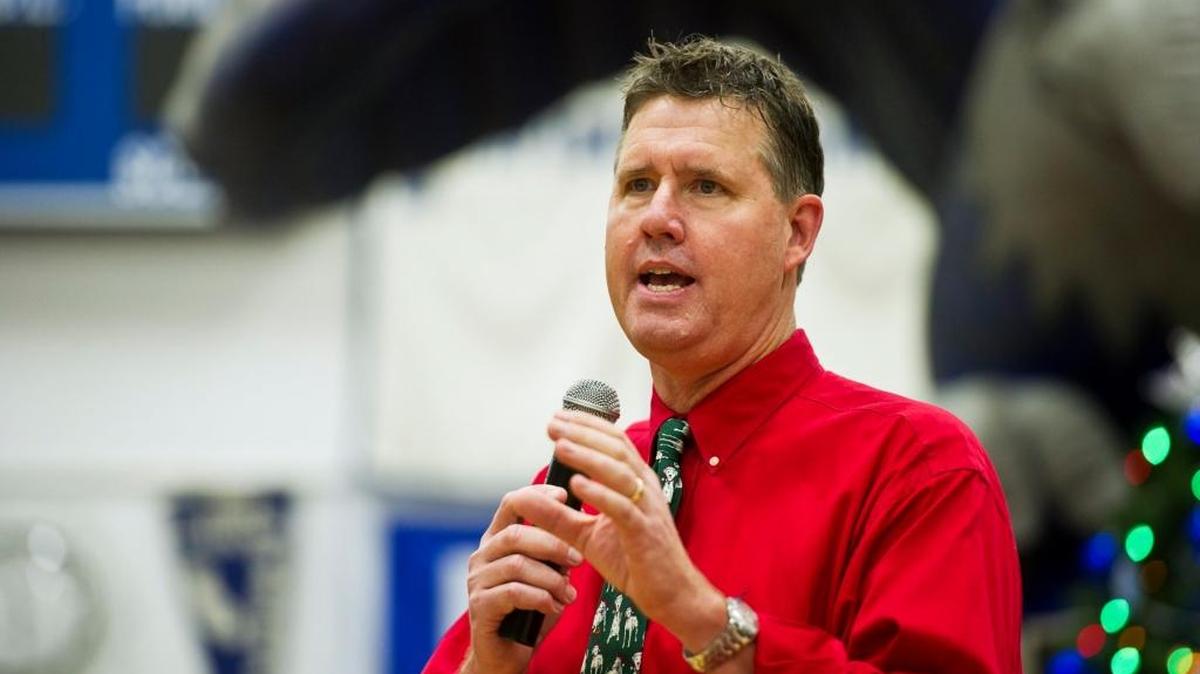 Atwater High School Principal Alan Peterson speaks to students during the school’s Miracles Do Happen Assembly in 2014.