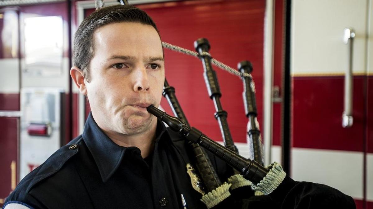 Merced Fire Department engineer Joel Verrinder, 30, plays the bagpipes at the department on 16th Street on Friday, Jan. 15, 2016.