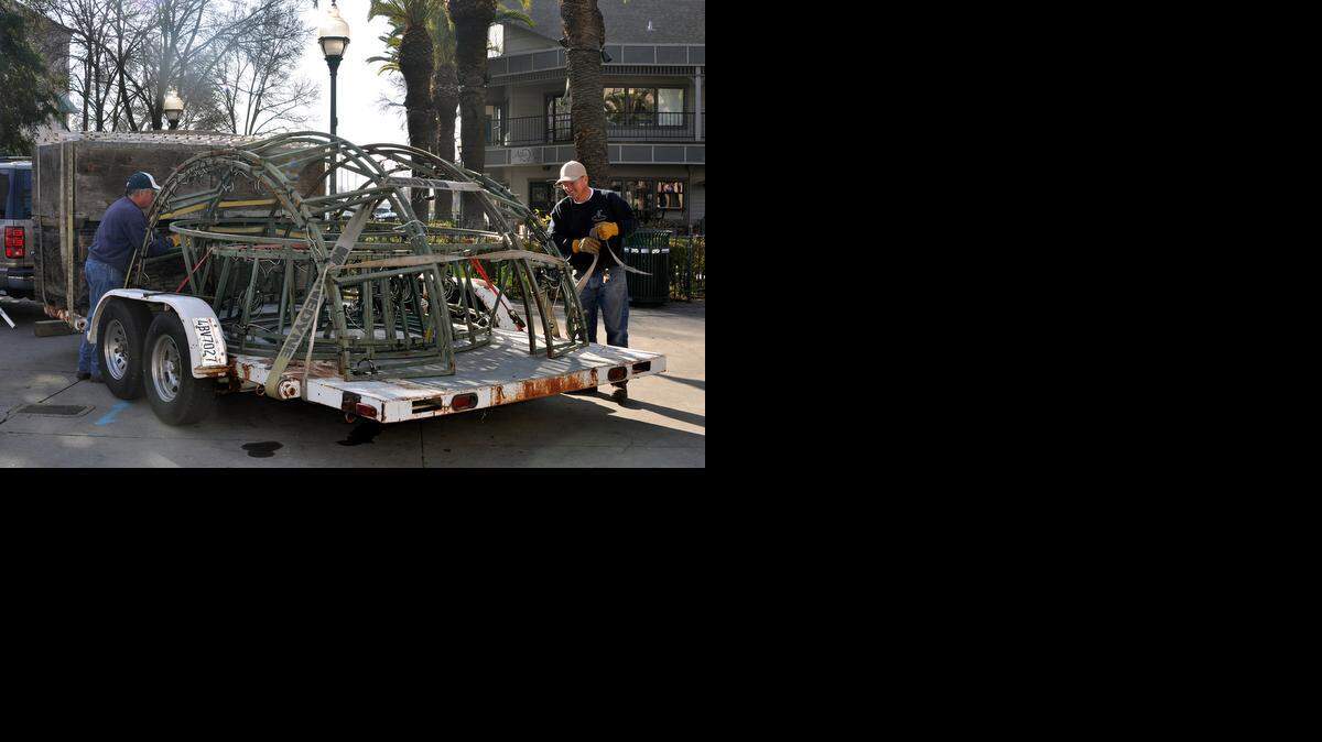 
Workers on Monday morning packed away the Merco Credit Union Christmas tree in downtown Merced’s Bob Hart Square, a symbolic farewell to the holiday season. The tree is placed in the square every year after Thanksgiving and lighted during the Christmas parade. 
