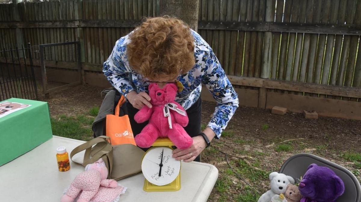 Margaret Kohn, the teddy bear doctor, weighs a teddy bear at Applegate Zoo on Sunday, March 19, 2017 during Teddy Bear Day.