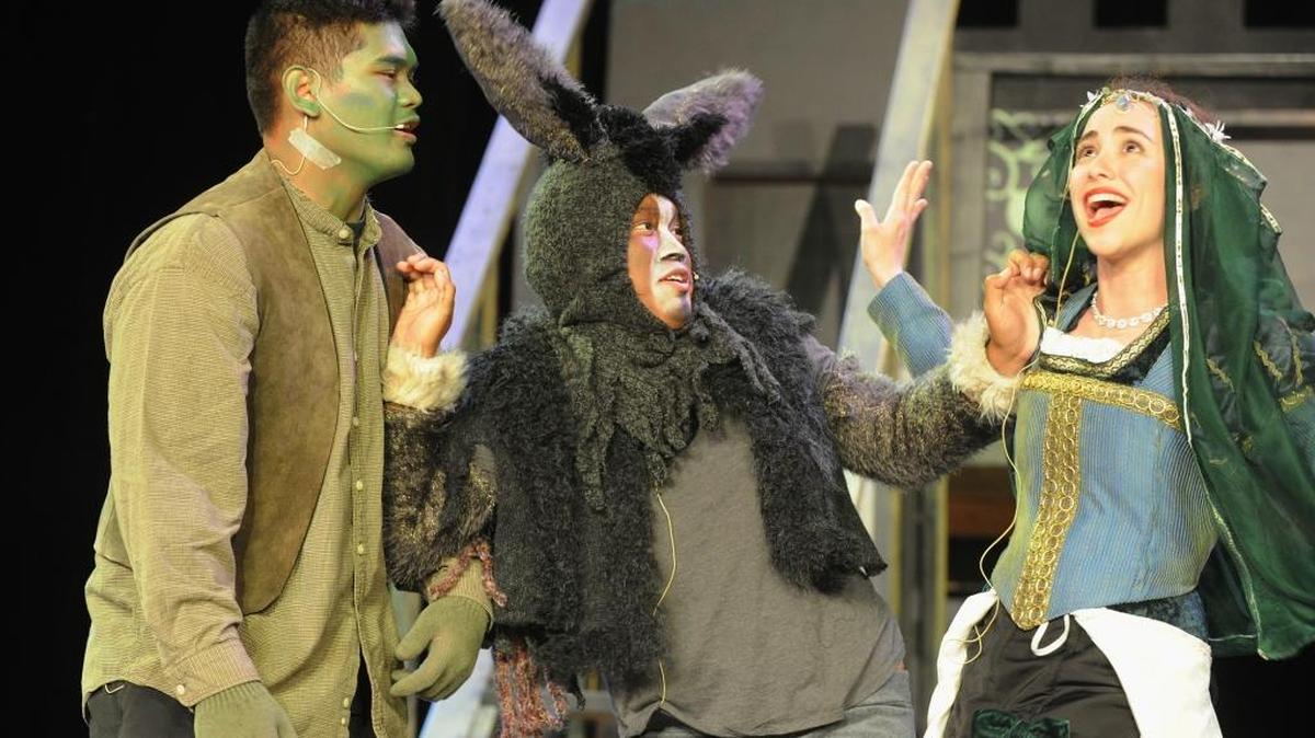 Cast members from “Shrek The Musical” rehearse Tuesday night at the Pacheco High School Theater. They include, from left, William Quidachay, Jacob Alvarez and Taylor-Rain Coleman.