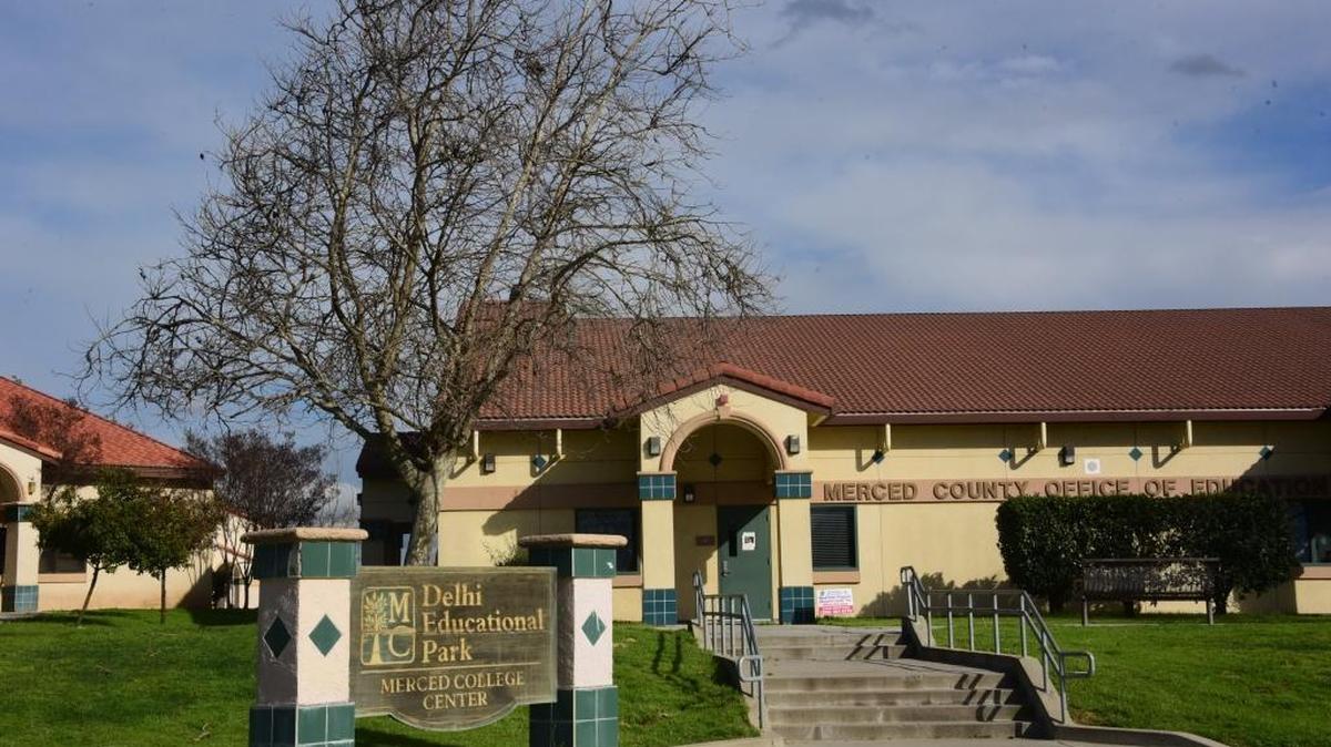 A Delhi High School FFA pig was found burned, stabbed and hung from a tree in front of the Merced County Office of Education building on campus, seen here Wednesday.