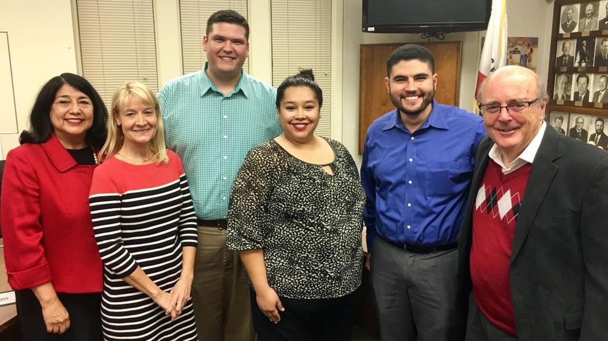 From left, Superintendent RoseMary Parga Duran, board member Emily Langdon, board President Adam Cox, board clerk Jessica Kazakos, and board members Miguel Lopez and Mike Crass.