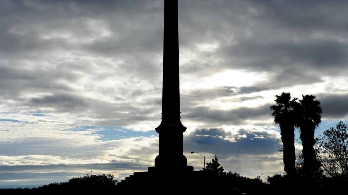 The granite Fancher obelisk stands 68 feet high and makes a dramatic impression near Highway 140 and Arboleda Drive in Merced.