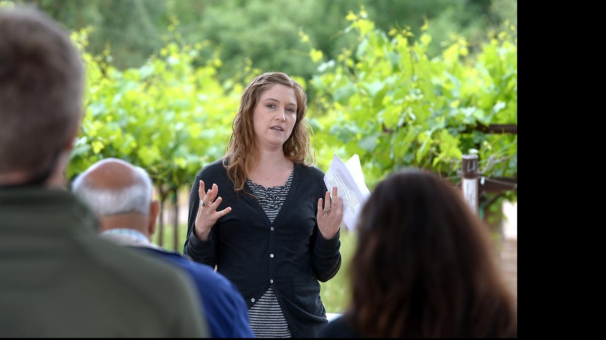 
Lisa Francioni-Hai with the California Sustainable Winegrowing Alliance speaks about sustainable farming in Modesto last week. She was one of the speakers at the San Joaquin Valley Winegrowers Association’s May Grower Educational Tailgate at the Silkwood/Duarte orchard.
