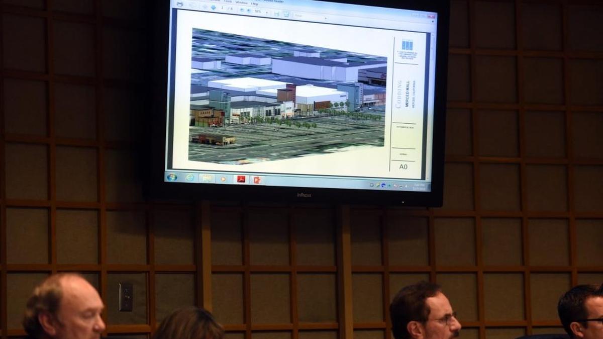 Merced City Council members look at plans Monday, Nov. 7, 2016, for the face-lift in the works for Merced Mall.