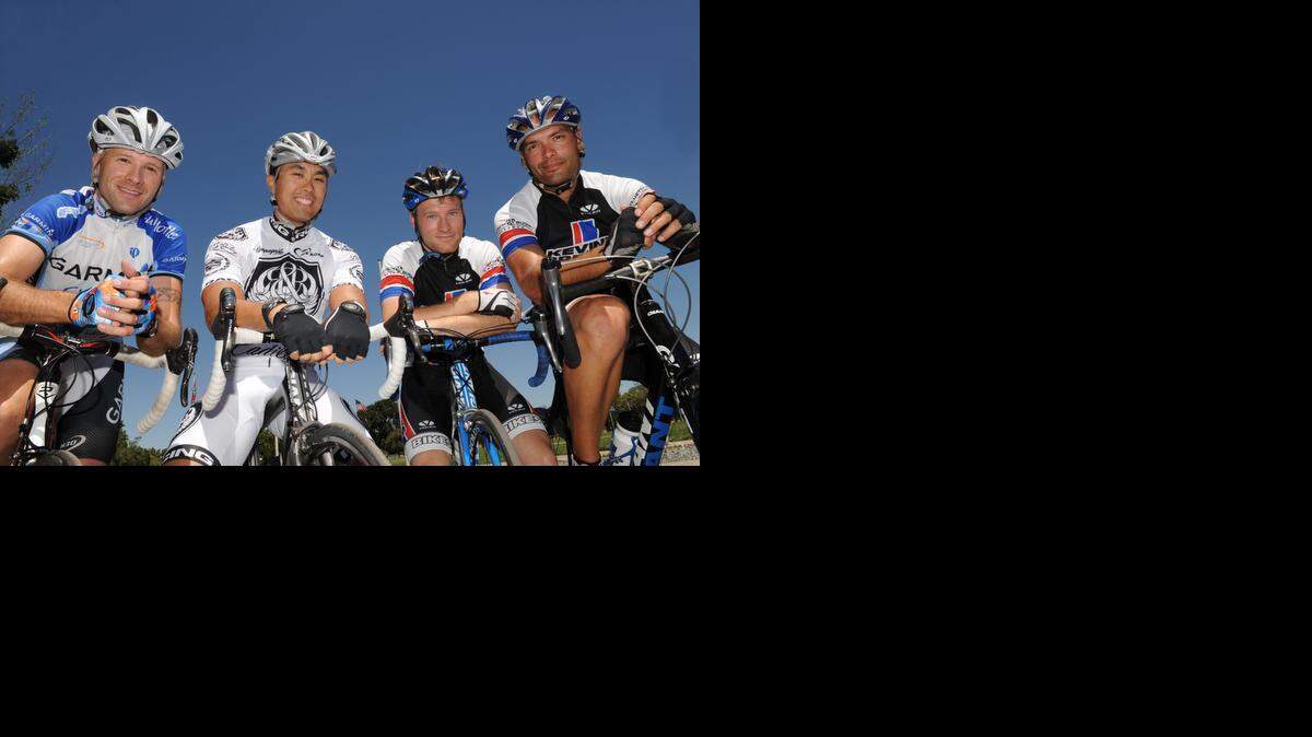 
John Muir Elementary Principal Matthew Johnston, left, raced with Matthew Lee, David Doll and Wyatt Garcia in the Big Creek Lumber Criterium at Castle in Atwater in 2010.
