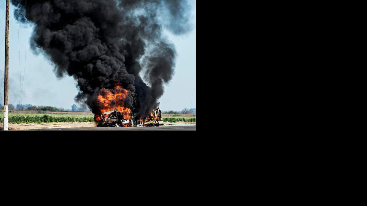 
A commercial truck hauling a trailer burns on South Gurr Road in Merced on Thursday. According to authorities, the fire began after a tire blowout. No injuries were reported.
