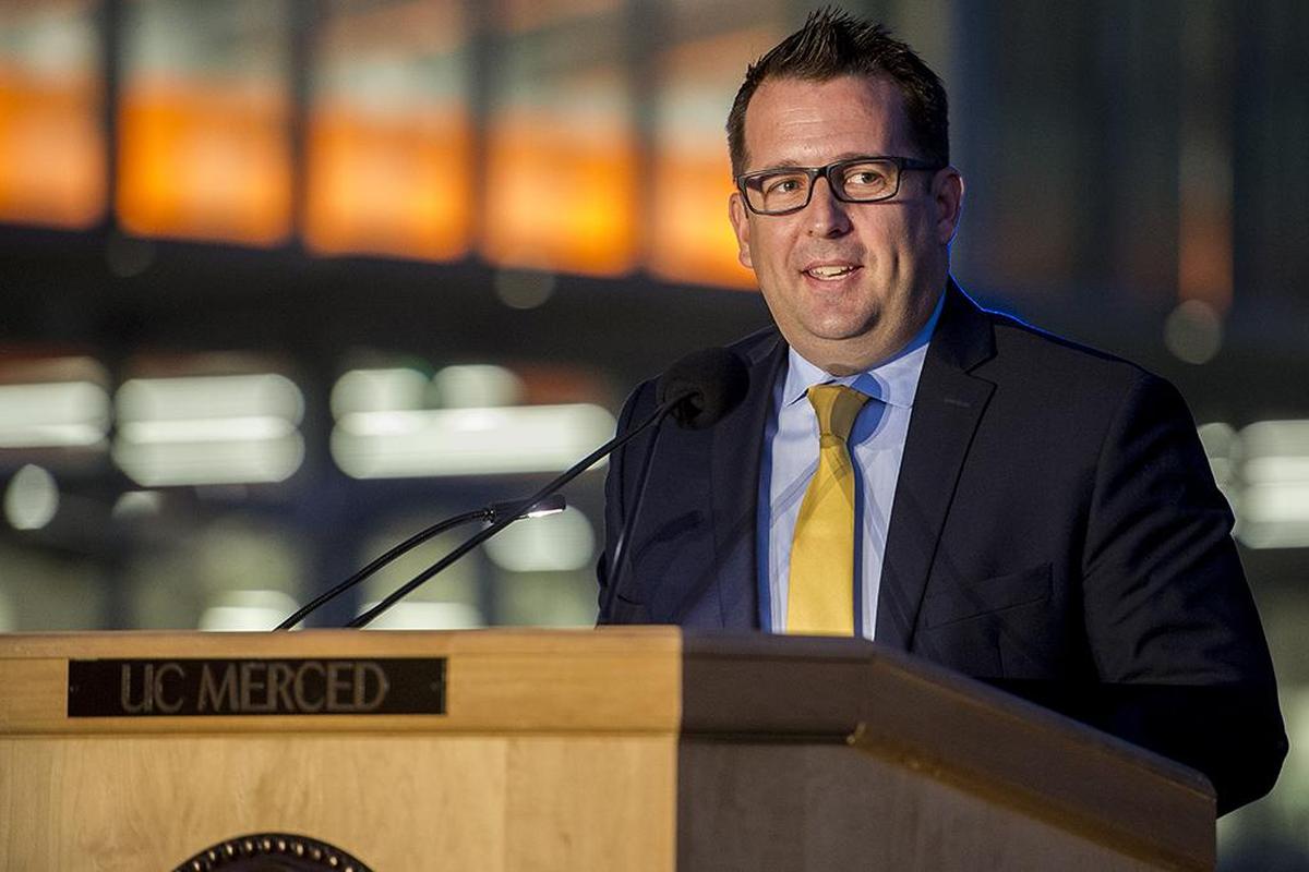 Merced Mayor Mike Murphy speaks during a building lighting ceremony to celebrate the opening of the first three buildings of the Merced 2020 Project, on the UC Merced campus in Merced, Calif., on Thursday, Aug. 16, 2018.