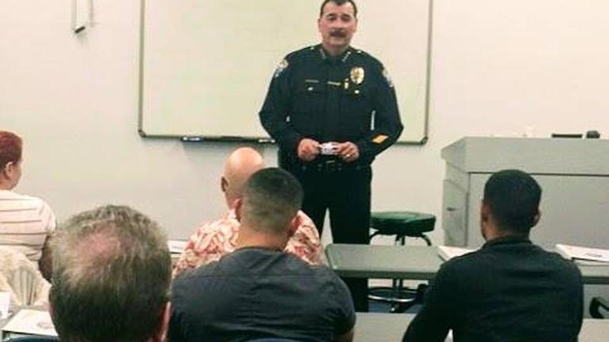 Merced Police Chief Norman Andrade talking to a group of Merced residents in the Citizens Police Academy.