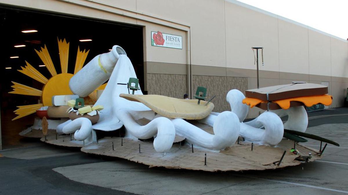 The California Milk Advisory Board’s float for the Rose Parade is assembled.