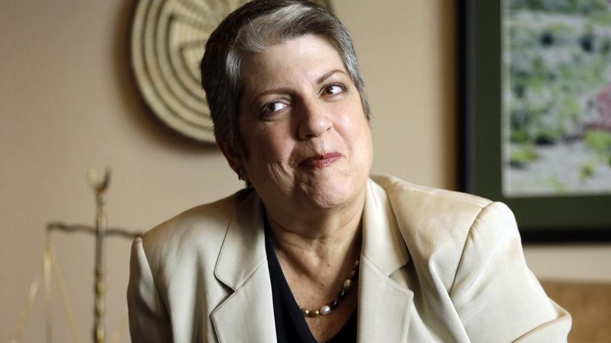 
University of California President Janet Napolitano speaks with a reporter Tuesday, Sept. 30, 2014, in Oakland, Calif. Napolitano visits Golden Valley High School and UC Merced today. (AP Photo/Ben Margot)

