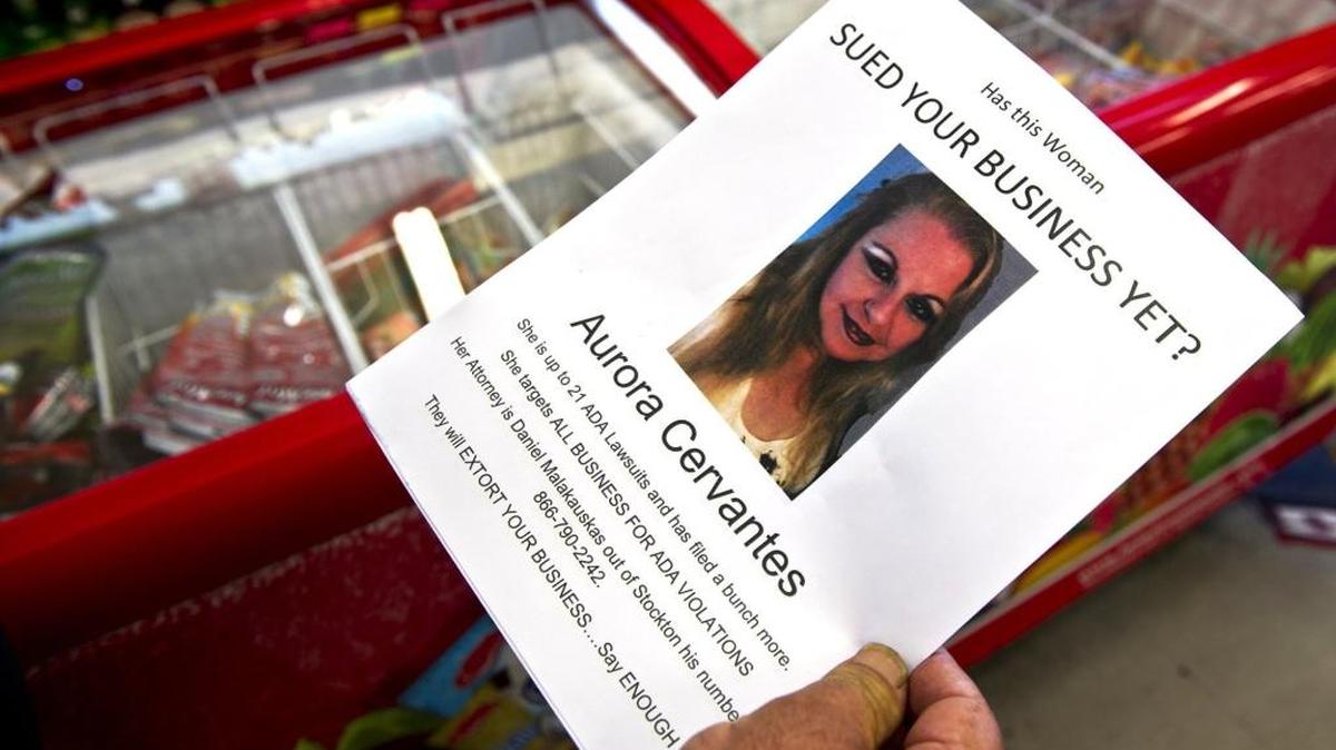 A flier handed out to several Atwater businesses shows 57-year-old Aurora Cervantes, who has sued dozens of Valley businesses in recent years, claiming violations of the Americans with Disabilities Act.
