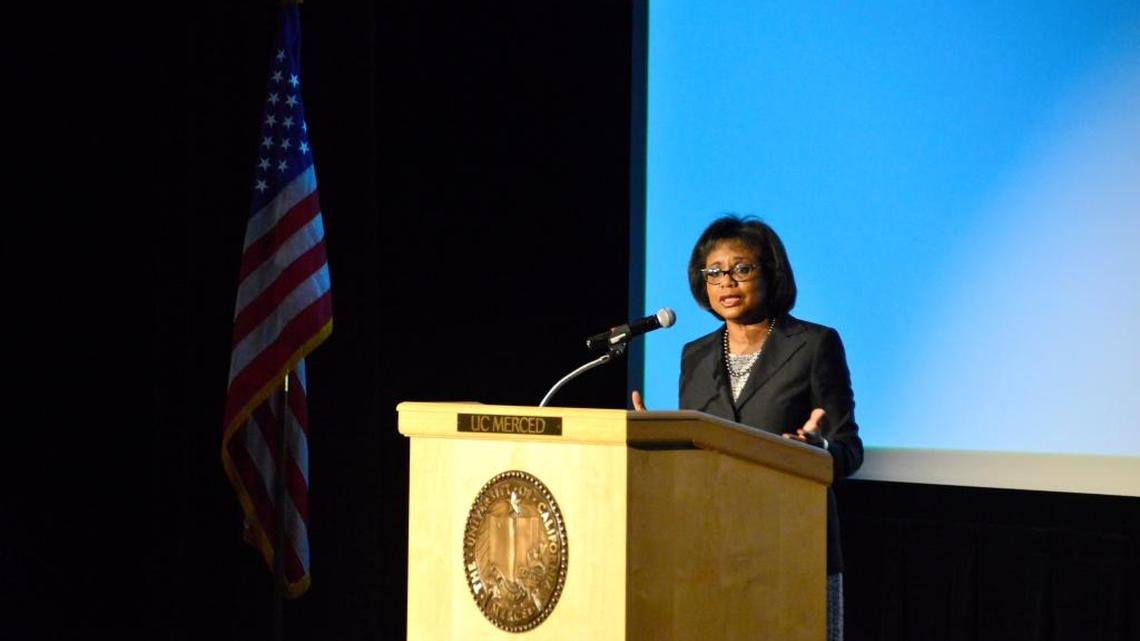 Anita Hill speaks at the Merced Theatre on Monday, Oct. 24 during a ceremoney in which she was the recipient of the 10th UC Merced Alice and Clifford Spendlove Prize in social justice, diplomacy and tolerance.