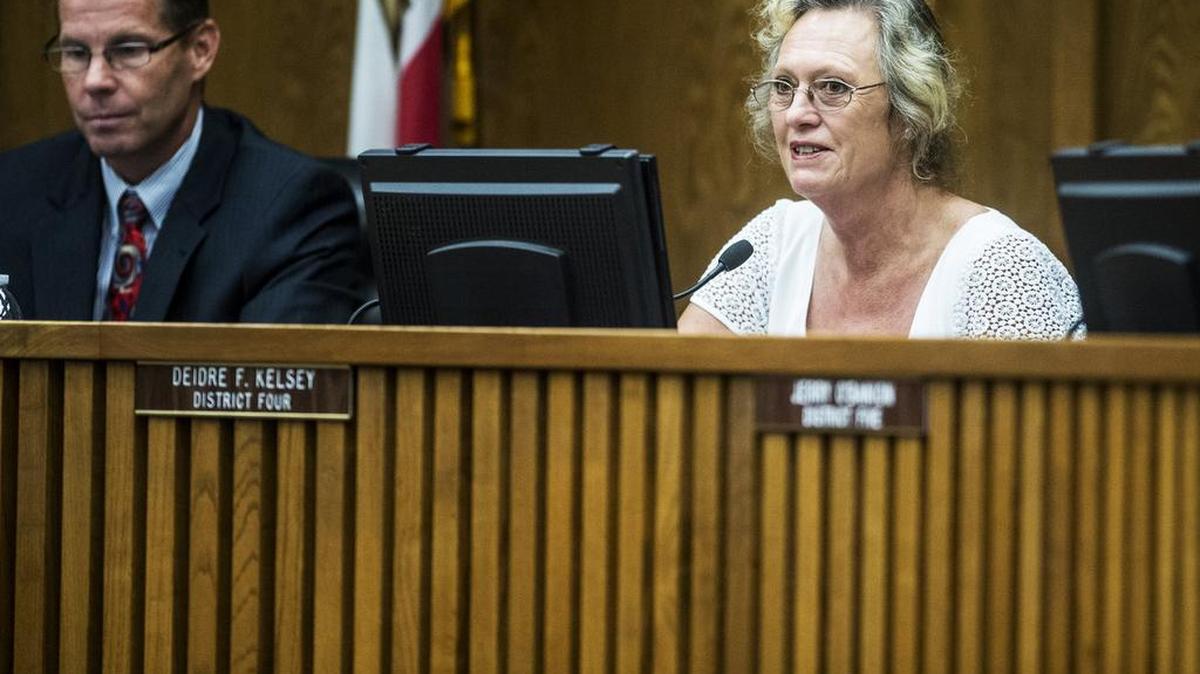 Merced County District 4 Supervisor Deidre Kelsey speaks to fellow board members during the Board of Supervisors meeting in Merced, Calif., on Tuesday, Aug. 4, 2015.