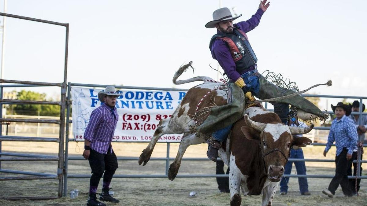 Jhonatan Costa, 27, of Brazil rides during the Jaripeo Ranchero at the Merced County Spring Fair in Los Banos, Calif., Thursday, April 28, 2016.