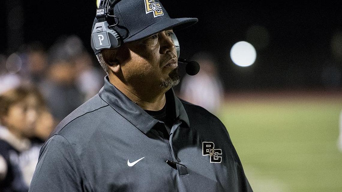 Buhach Colony head coach Kevin Navarra looks on during a game against Merced at Veterans Stadium in Merced, Calif., on Friday, Oct. 5, 2018. The Bears beat the Thunder 55-14.