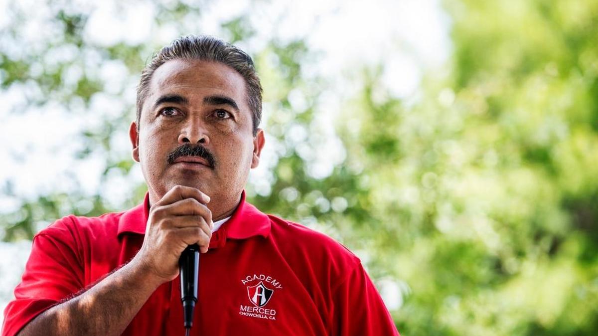 Fernando Aguilera, president of Merced Soccer Academy, speaks during a dedication ceremony for the new artificial turf soccer pitches at McNamara Park in Merced in June 2015.