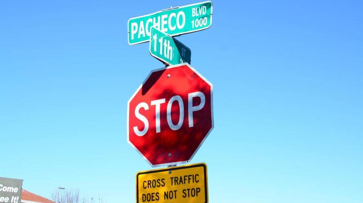 The stop sign near the intersection in Los Banos on 11th Street and Pacheco Boulevard on Thursday Feb. 15, 2018.