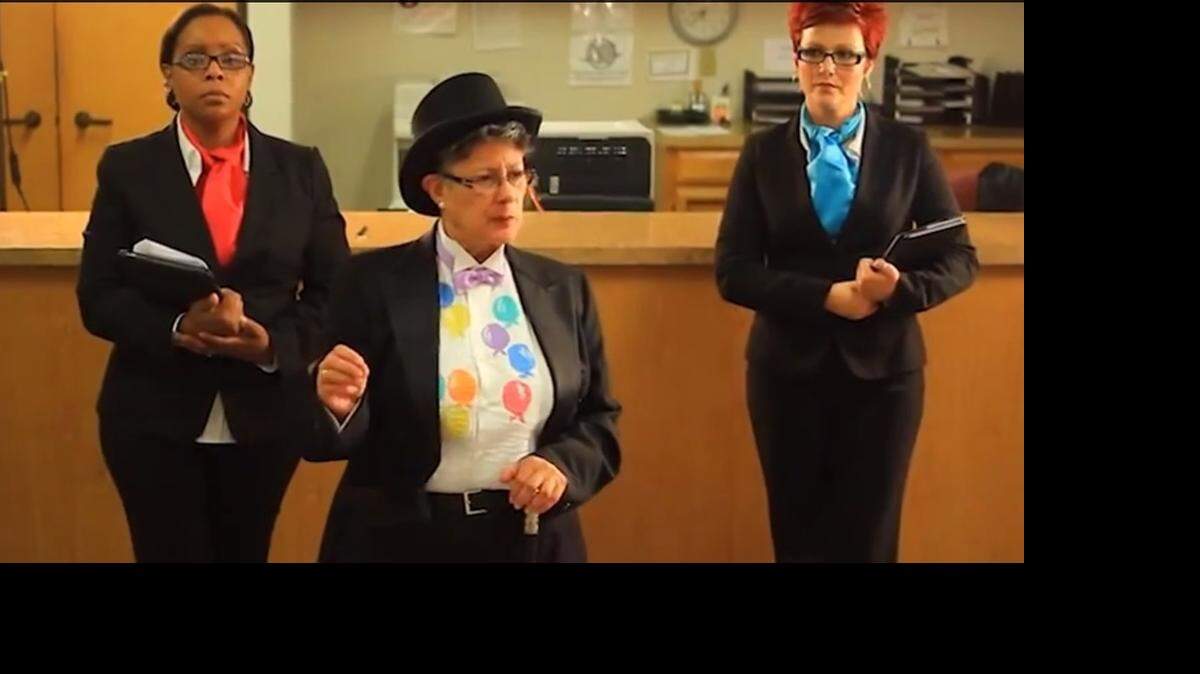 
Human Services Agency Director Ana Pagan acts and sings with her employees in this screen shot from “Leader, Leader,” one of several videos produced by Merced County employees for a national association.
