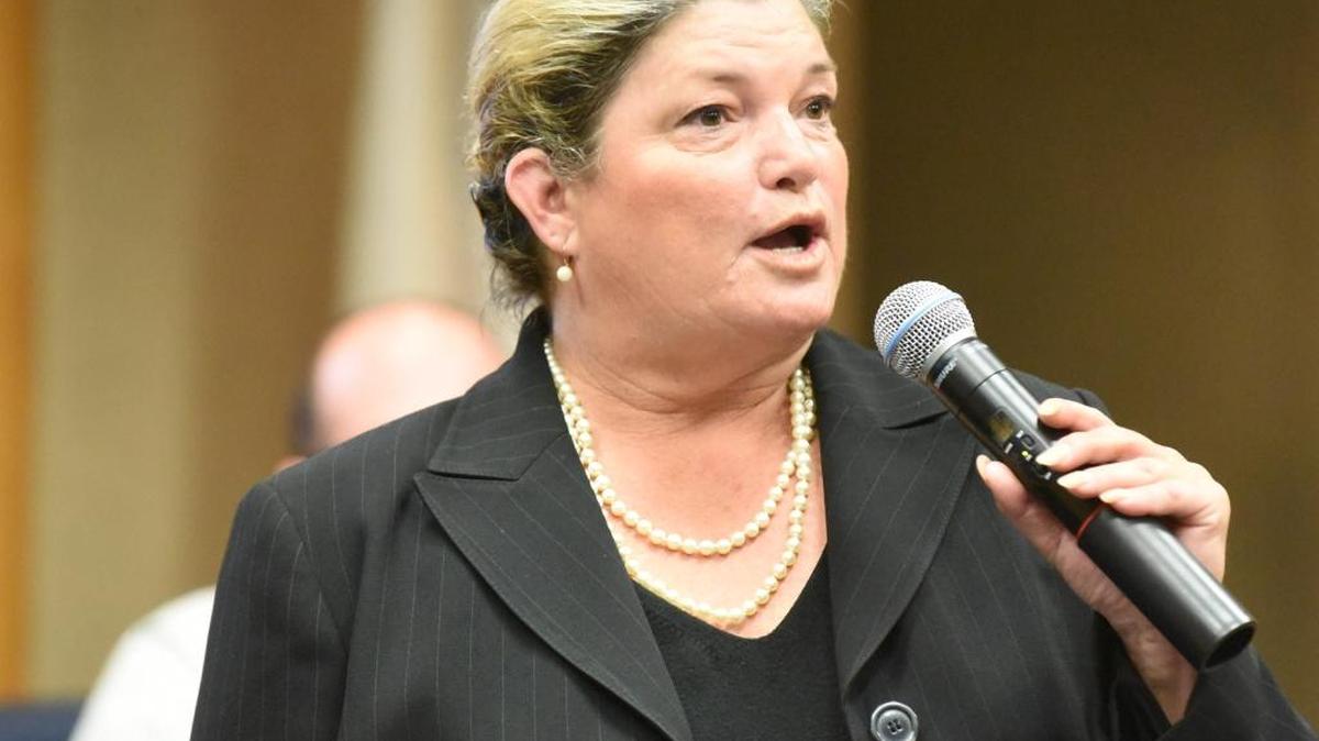 Jennifer McGrath, who was named as Merced city attorney, addresses the crowd ay City Hall on Monday.