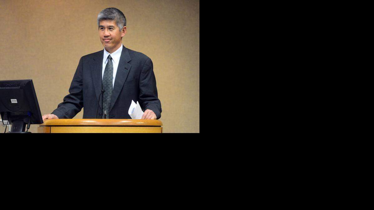 
Randolph Hom speaks to the Merced City Council on Monday after being unanimously approved as the new city attorney. He’ll make $180,000 annually, plus up to $10,000 for moving expenses.
