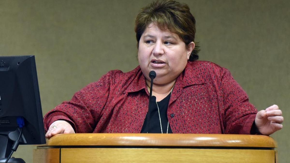 Diana Gomez, Central Valley regional director for the California High-Speed Rail Authority, speaks during a Merced City Council meeting on Monday. She fielded questions from the council.