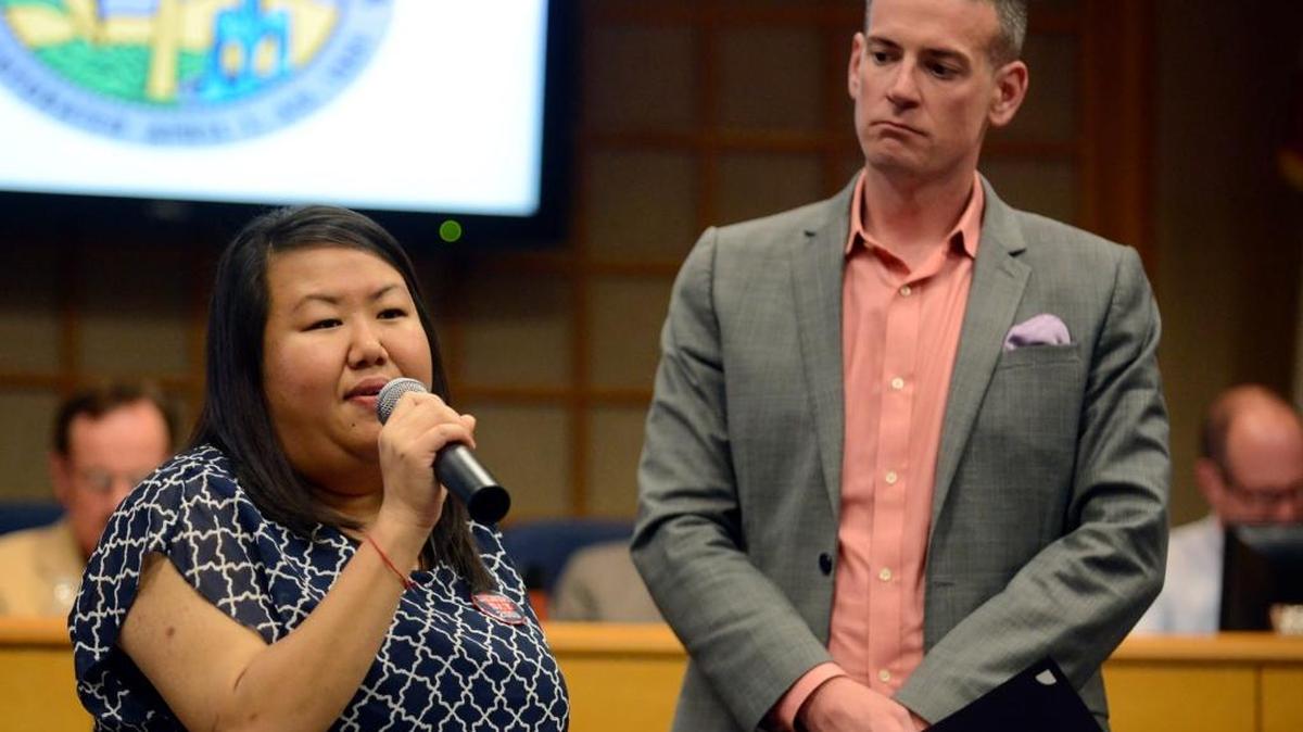 Chee Yang, program director for Valley Crisis Center, talks about Sexual Assault Awareness Month at the Merced City Council meeting on Monday. She accepted a proclamation from the city, which was read by Councilman Kevin Blake.